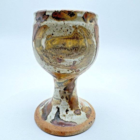 Studio Art Pottery Goblet Chalice Cup Textured Glazed Brown Gray Stoneware #3 - Picture 4 of 9